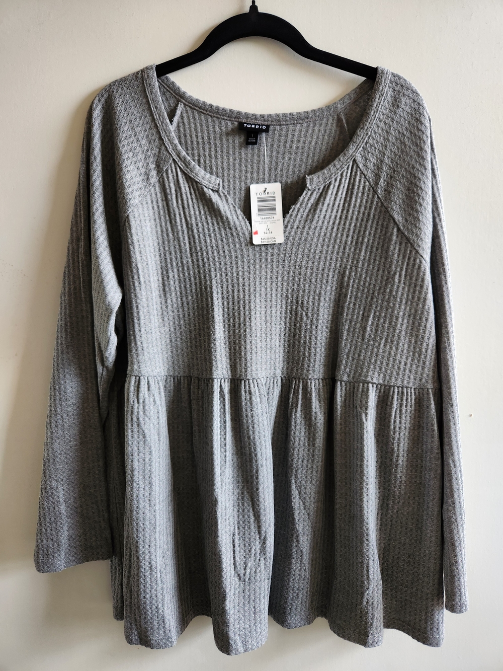 Torrid Heather Grey Waffle-Knit Long Sleeve Babydoll Tee, 1x (14-16) NWT